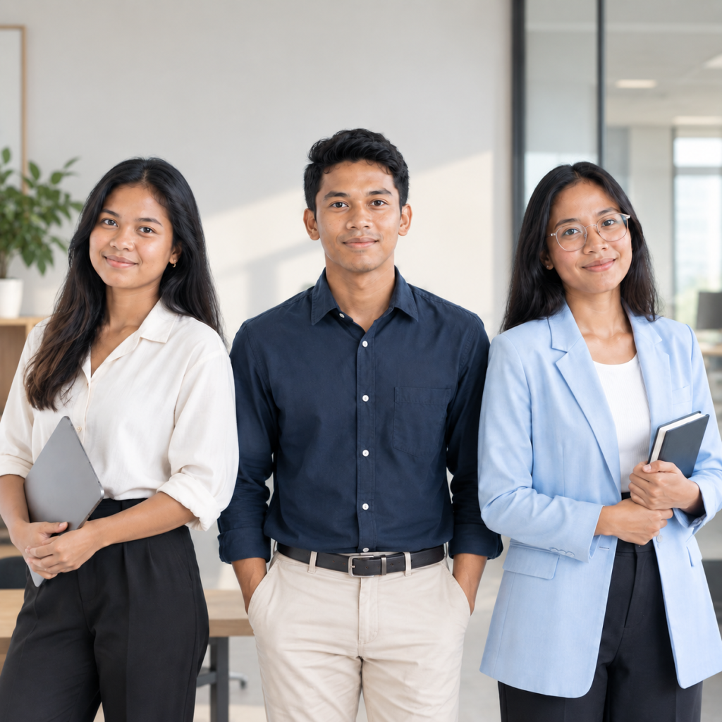 Équipe de trois professionnels dans un bureau moderne et lumineux